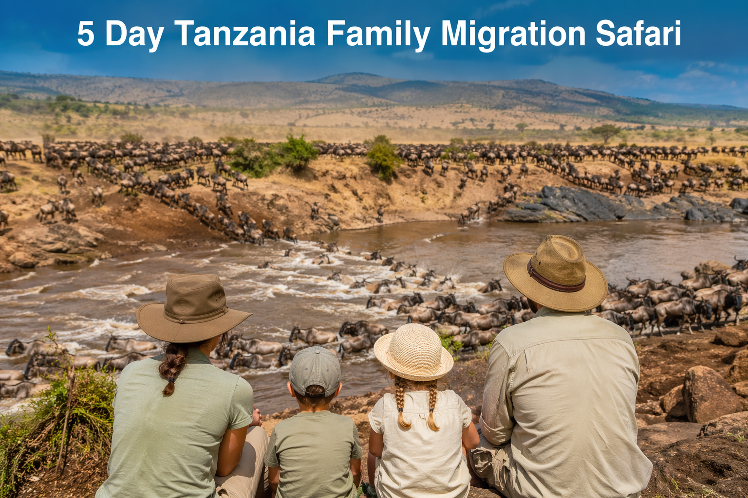 Family watching wildebeest migration in Serengeti during a 5 Day Tanzania Family Migration Safari.