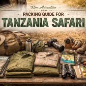 Essential packing items for Tanzania safari travelers displayed beside a safari vehicle prepared for adventure with Ron Adventure
