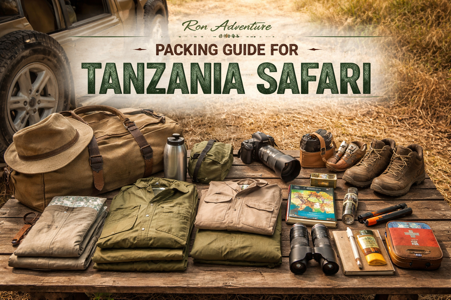 Essential packing items for Tanzania safari travelers displayed beside a safari vehicle prepared for adventure with Ron Adventure