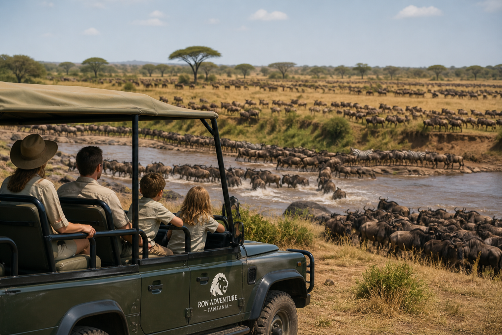 Family enjoying a game drive in Serengeti National Park Tanzania