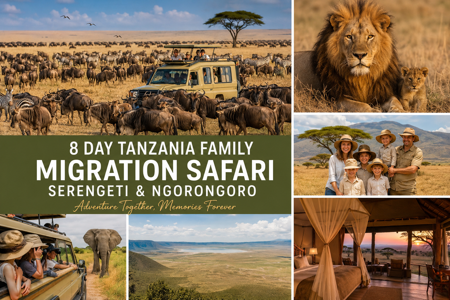 Family enjoying 8 day Tanzania safari witnessing Great Migration in Serengeti and wildlife in Ngorongoro Crater