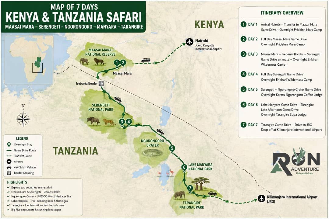 Route map of the 7 Days Kenya Tanzania Safari covering Nairobi, Maasai Mara, Serengeti, Ngorongoro Crater, Tarangire National Park, and Arusha.