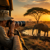 Beginner wildlife photographer taking photos of African elephants during a Tanzania photography safari at sunset from an open safari vehicle in Serengeti National Park.