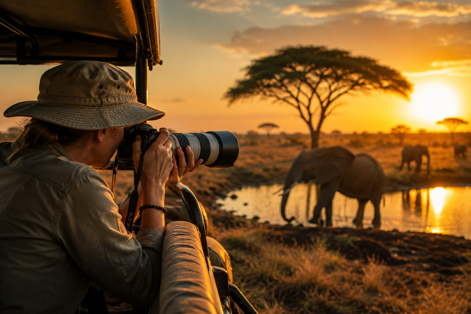 Beginner wildlife photographer taking photos of African elephants during a Tanzania photography safari at sunset from an open safari vehicle in Serengeti National Park.