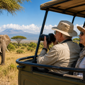 Senior couple enjoying wildlife viewing from a comfortable safari vehicle in Tanzania