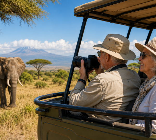 Senior couple enjoying wildlife viewing from a comfortable safari vehicle in Tanzania