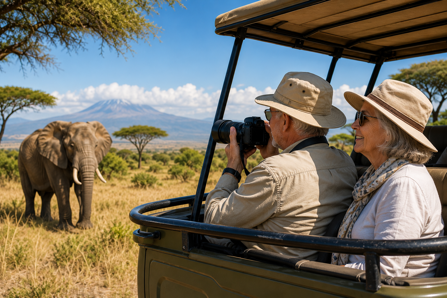 Senior couple enjoying wildlife viewing from a comfortable safari vehicle in Tanzania